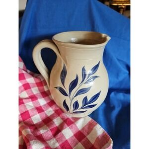 Salt Glaze Pottery Pitcher Cobalt Blue Williamsburg Large 9" Primitive Leaf